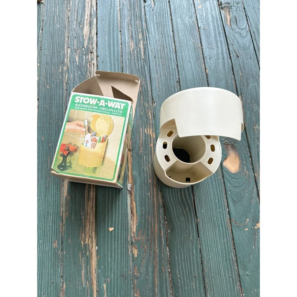 Stow-A-Way Bathroonm Organizer Toothbrush Holder Cup Dispenser White New Vintage